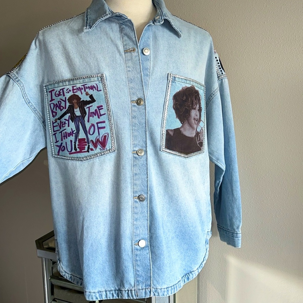 Whitney Houston Denim Shacket | Handmade DIY Customized 1 of 1 - Size L - Picture 3 of 11